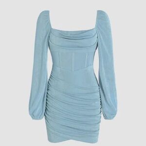 Cider Light Blue Ruched Long-Sleeve Mini Dress